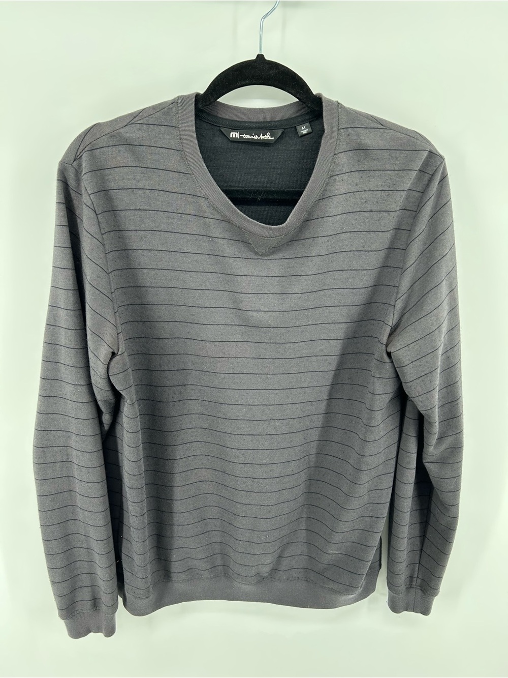 Travis Mathew Men's Gray Thin-Strip V-Neck Long Sleeve Sweater